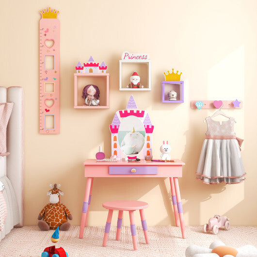 Kids Princess Vanity Table and Stool Set with Drawer and Mirror-Pink W2B