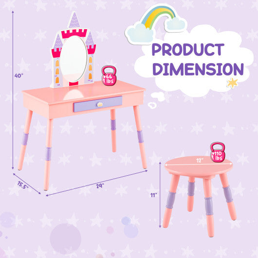 Kids Princess Vanity Table and Stool Set with Drawer and Mirror-Pink W2B