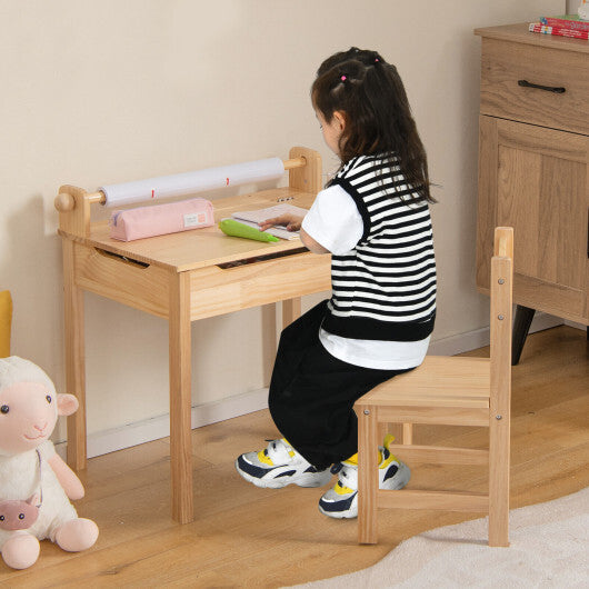 Toddler Multifunctional Activity Table and Chair Set with Paper Roll Holder-Natural W2B