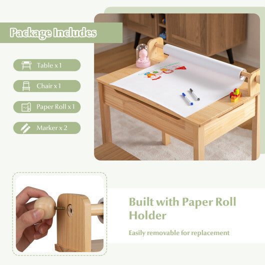 Toddler Multifunctional Activity Table and Chair Set with Paper Roll Holder-Natural W2B