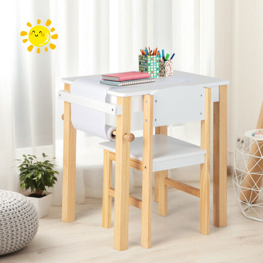 Kids Art Table and Chair Set with Drawer Paper Roll and 2 Markers-White W2B