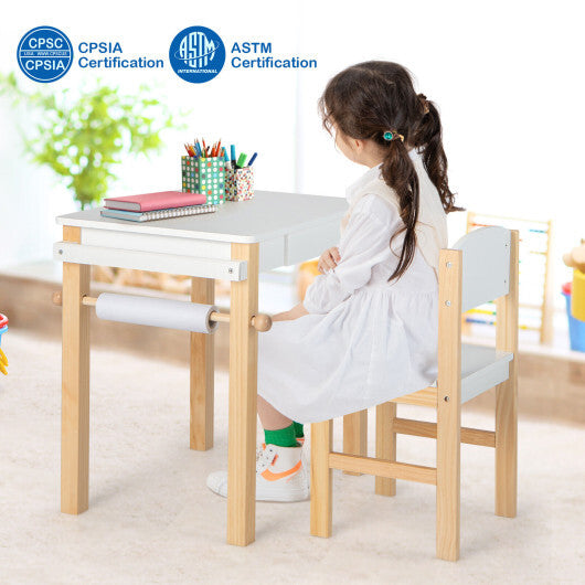 Kids Art Table and Chair Set with Drawer Paper Roll and 2 Markers-White W2B