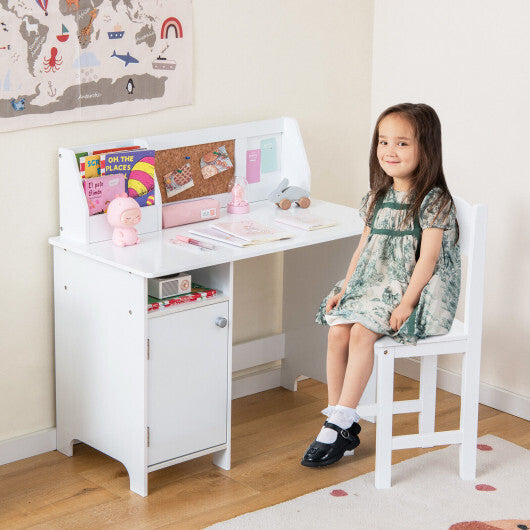 Wooden Kids Study Desk and Chair Set with Storage Cabinet and Bulletin Board-White W2B