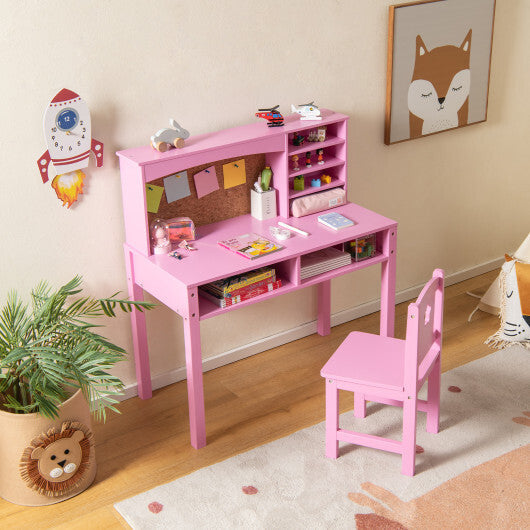 Kids Desk and Chair Set with Hutch and Bulletin Board for 3+ Kids-Pink W2B