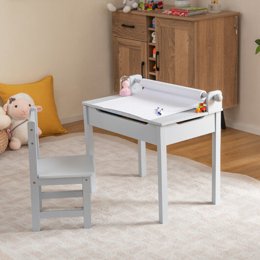 Wooden Kids Table and Chair Set with Storage and Paper Roll Holder-Gray W2B