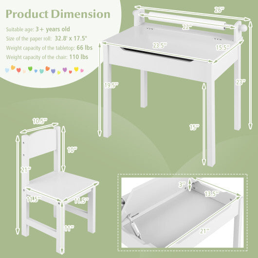 Wooden Kids Table and Chair Set with Storage and Paper Roll Holder-Gray W2B