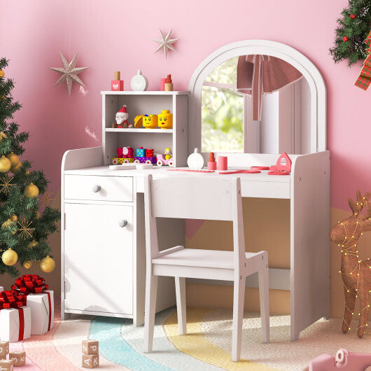 Kids Vanity Table and Chair Set with Shelves Drawer and Cabinet-White W2B