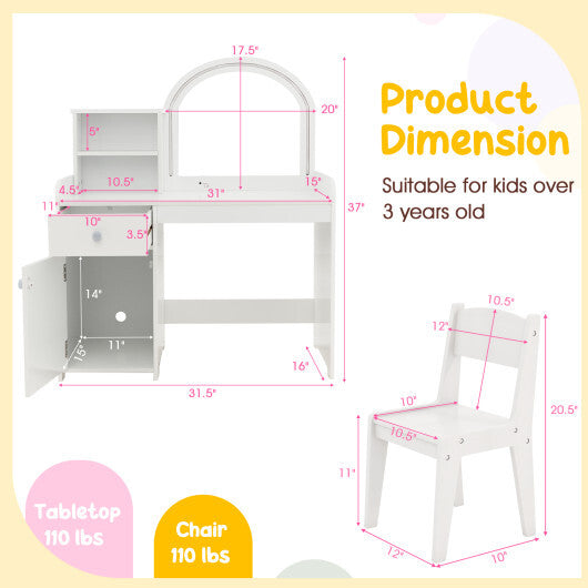 Kids Vanity Table and Chair Set with Shelves Drawer and Cabinet-White W2B