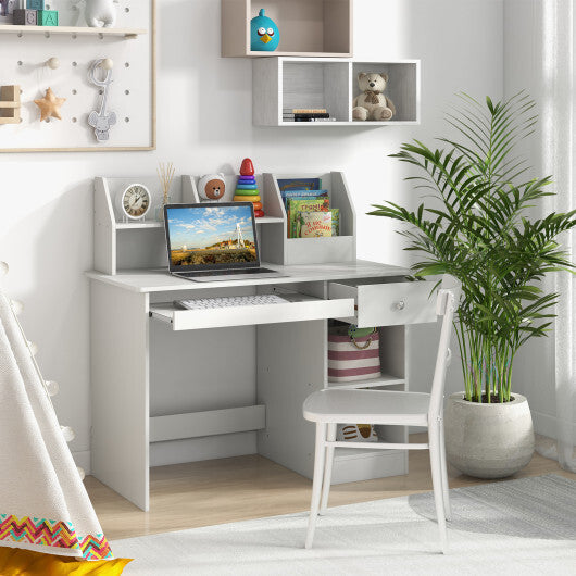 Kids Study Desk Children Writing Table with Hutch Drawer Shelves and Keyboard Tray-White W2B