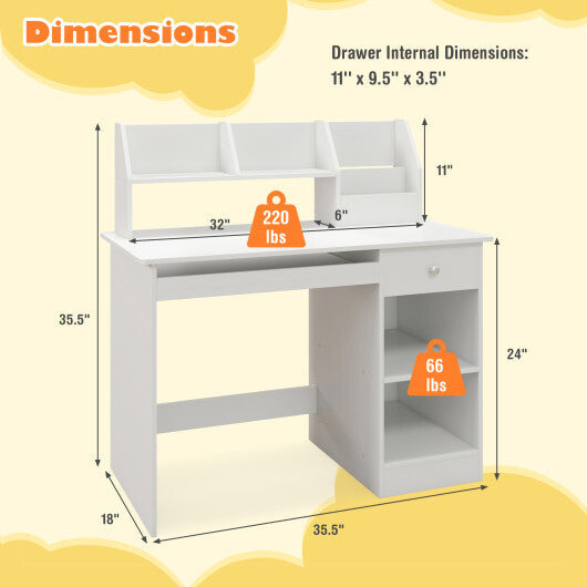 Kids Study Desk Children Writing Table with Hutch Drawer Shelves and Keyboard Tray-White W2B