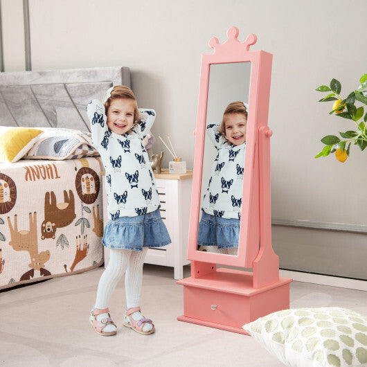 2-in-1 Kids Play Jewelry Armoire with Full Length Mirror and Drawers-Pink W2B