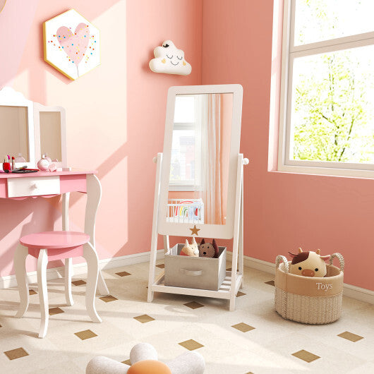 Kids Full Length Mirror 360 Degree Rotatable Dressing Mirror with Storage Bin-White W2B