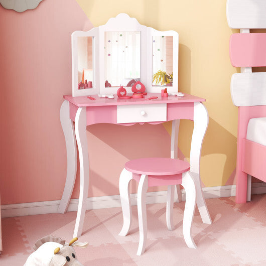 Kid's Wooden Vanity Table and Stool Set with 3-Panel Acrylic Mirror-White W2B