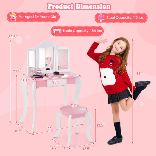 Kid's Wooden Vanity Table and Stool Set with 3-Panel Acrylic Mirror-White W2B