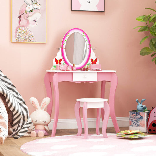 Kids Vanity Table and Stool Set with 360 Rotating Mirror and Whiteboard-Pink W2B