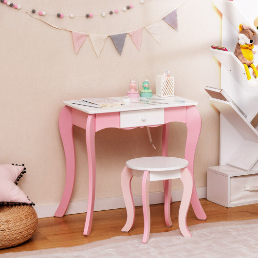 Kids Vanity Table and Stool Set with 360 Rotating Mirror and Whiteboard-Pink W2B