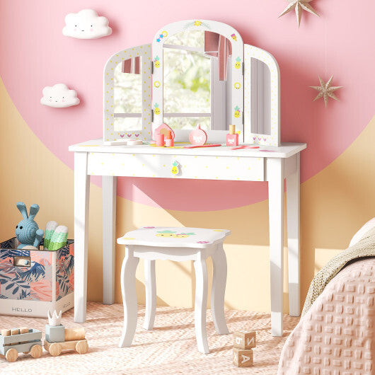 Kids Vanity Table Set with Tri-Folding Mirror and Large Drawer-White W2B