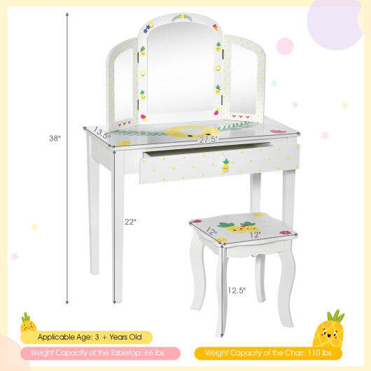 Kids Vanity Table Set with Tri-Folding Mirror and Large Drawer-White W2B