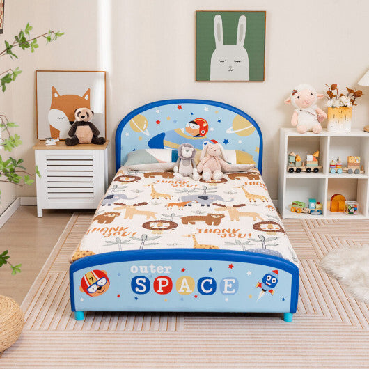 Wood Upholstered Twin Bed Platform with Slat Support-Blue