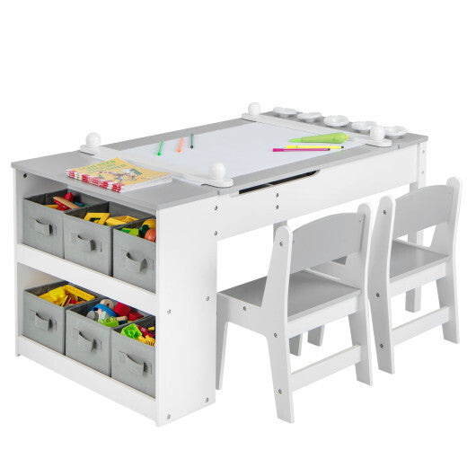 2-in-1 Kids Wooden Art Table and Art Easel Set with Chairs Storage Bins Paper Roll-Gray