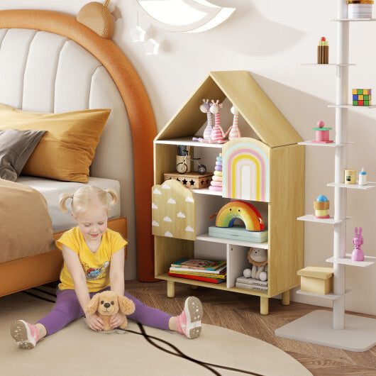 Kids Dollhouse Bookshelf House-shaped Bookcase Children Toy Storage Organizer-Natural W2B