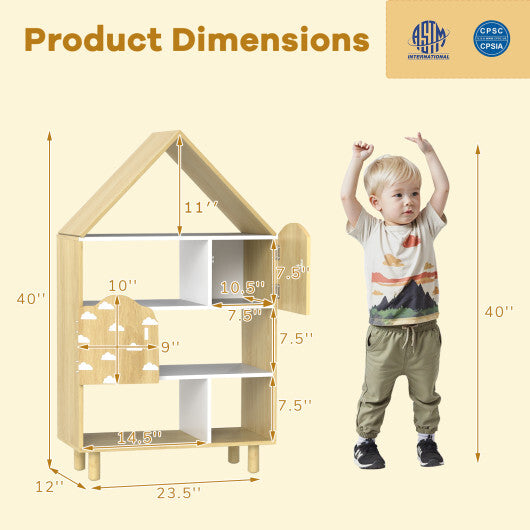 Kids Dollhouse Bookshelf House-shaped Bookcase Children Toy Storage Organizer-Natural W2B