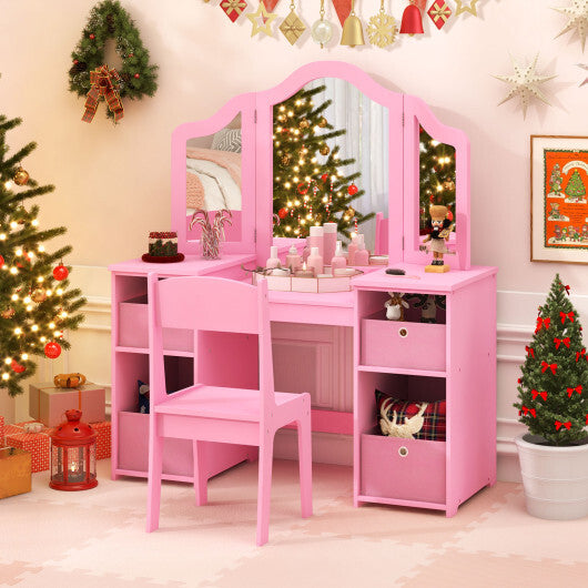 Kids Vanity Table and Chair Set with Removable Mirrors and 4 Storage Bins-Pink W2B