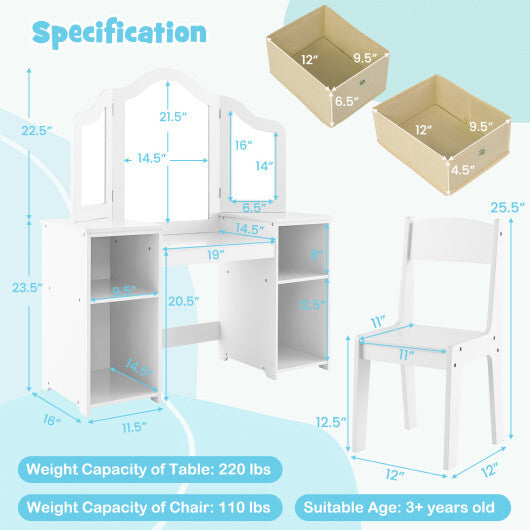 Kids Vanity Table and Chair Set with Removable Mirrors and 4 Storage Bins-Pink W2B