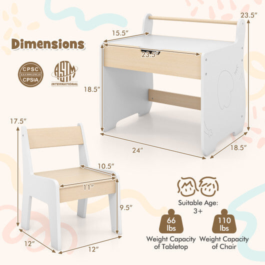 Kids Table and Chair Set with 2 in 1 Detachable Tabletop and Storage-White