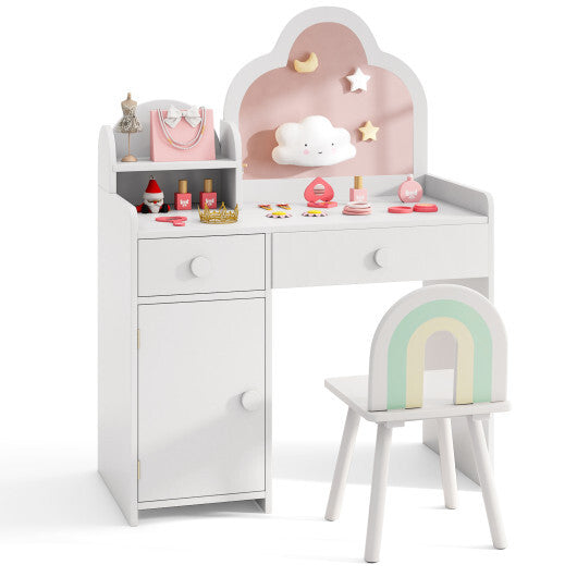 Kids Vanity Table and Chair Set with Cloud-shaped Mirror and Open Shelf-White W2B