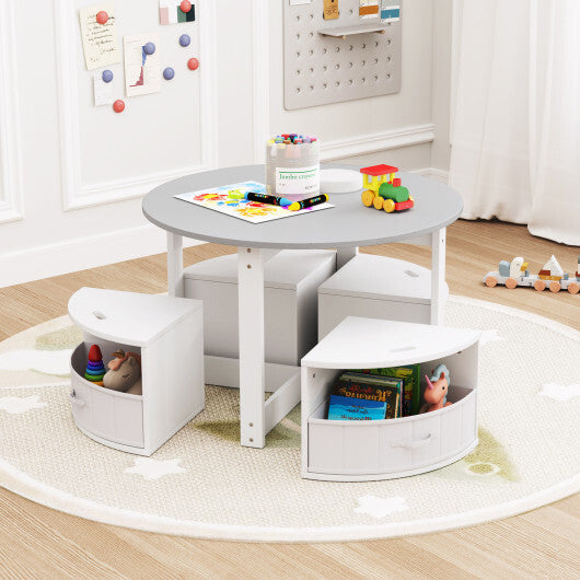 5 Piece Toddler Round Nesting Table with 4 Storage Stools for Activity-Natural W2B