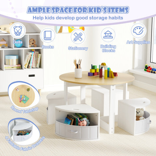 5 Piece Toddler Round Nesting Table with 4 Storage Stools for Activity-Natural W2B