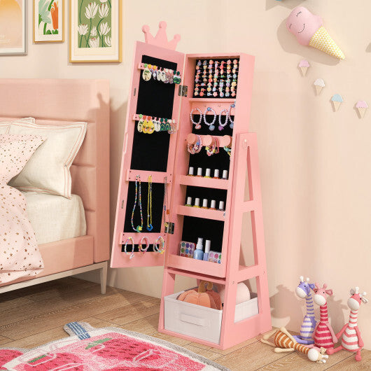 Free-Standing Full Length Kids Jewelry Armoire Cabinet with Storage Capacity-White W2B