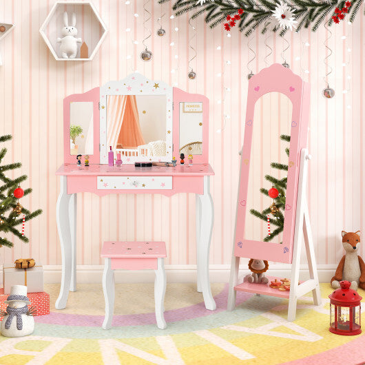 2 Pieces Kids Vanity Set and Jewelry Armoire Cabinet with Full-length Mirror-Pink W2B