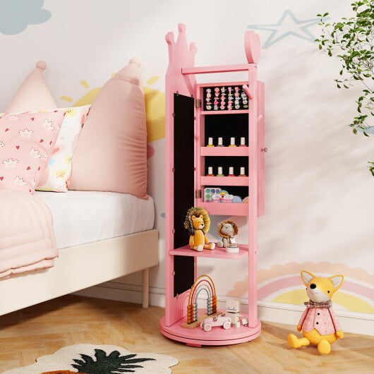 Free-Standing Full Length Mirror Kids Jewelry Armoire Cabinet-Pink W2B