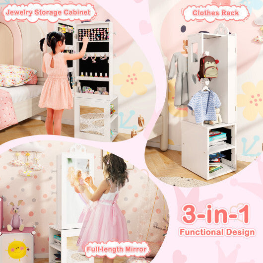 3-in-1 Freestanding Kids Jewelry Cabinet Armoire with Full Length Mirror-Pink W2B