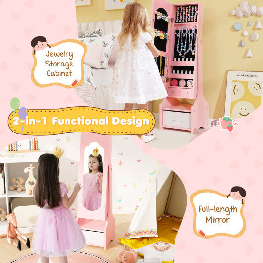 Freestanding Kids Jewelry Armoire Cabinet with Storage and 2 Tilt Angles-White W2B
