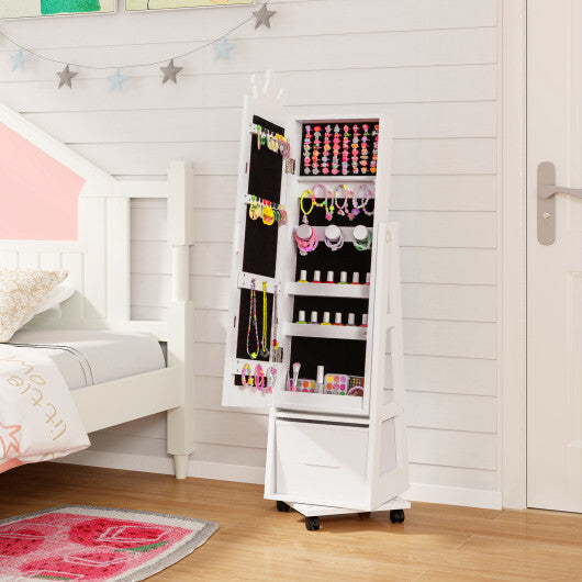 Kids Jewelry Armoire Cabinet with Swivel Base and Lockable Universal Wheels-White W2B