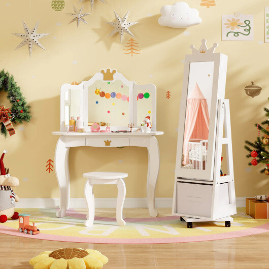 Kids Jewelry Armoire Cabinet with Swivel Base and Lockable Universal Wheels-White W2B