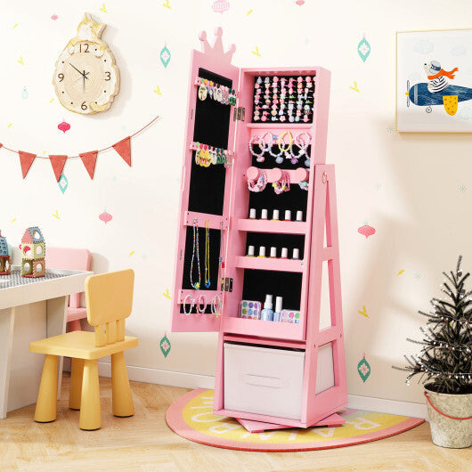 Kids Jewelry Armoire Cabinet with Large Storage Capacity and Swivel Base-Pink W2B