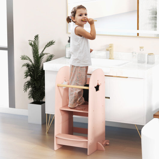 Kids Kitchen Tower Adjustable with Chalkboard and Safety Rail-Pink W2B