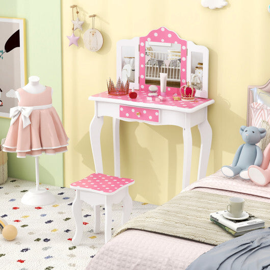Princess Pretend Play Makeup Dressing Table with Cute Polka Dot Print-Pink W2B