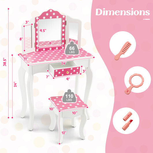 Princess Pretend Play Makeup Dressing Table with Cute Polka Dot Print-Pink W2B