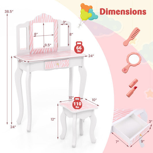 Kids Vanity Set with Drawer and 3 Makeup Accessories-Pink W2B