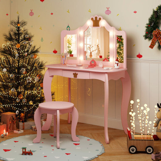 Kids Vanity Set with Tri-fold Lighted Mirror Detachable Top and Stool-Pink W2B