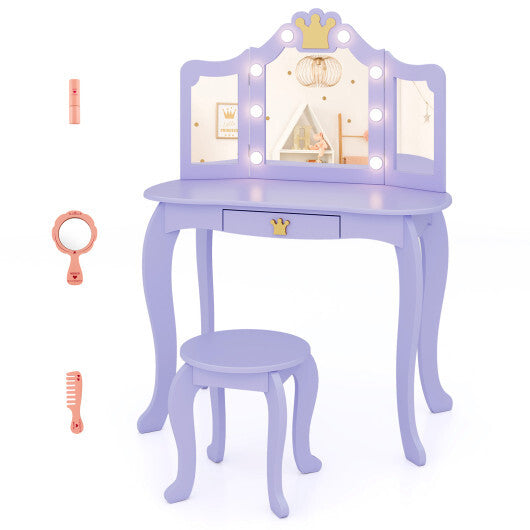 Kids Vanity Set with Tri-fold Lighted Mirror Detachable Top and Stool-Pink W2B