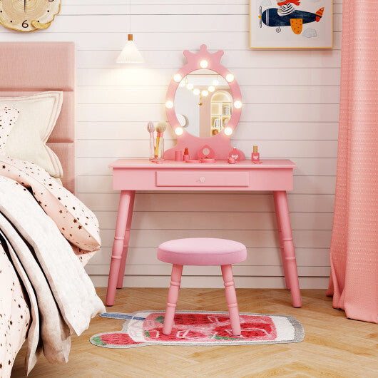 Kids Vanity Set with Lighted Mirror with Adjustable Brightness and Large Drawer-Pink W2B