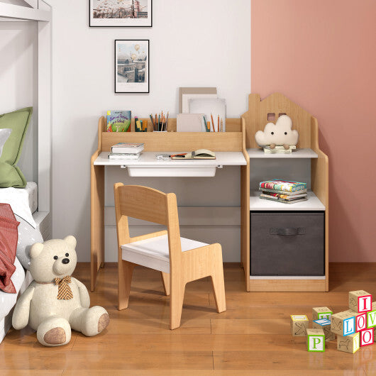 Kids Study Desk and Chair Set with Open Shelves Drawer and Fabric Storage Bin-Natural W2B