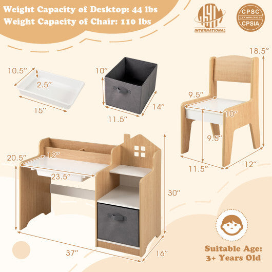 Kids Study Desk and Chair Set with Open Shelves Drawer and Fabric Storage Bin-Natural