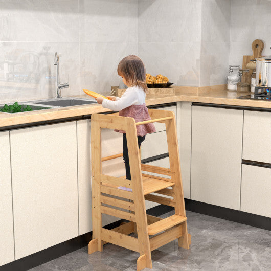 Bamboo Kids Kitchen Step Stool with Adjustable Height and Safety Rails-Natural W2B